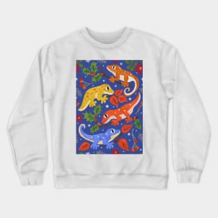 Colourful Christmas Geckos with Holly on Bright Blue Crewneck Sweatshirt